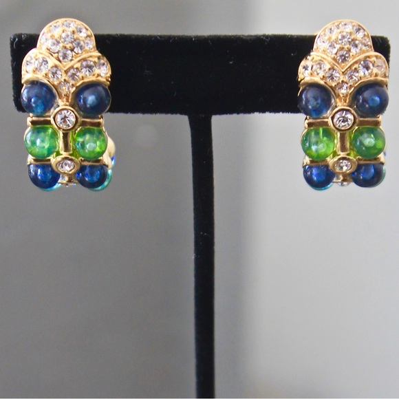NOLAN MILLER EARRINGS CLIP ON GREEN BLUE VINTAGE 1980’s GOLD - Picture 4 of 8